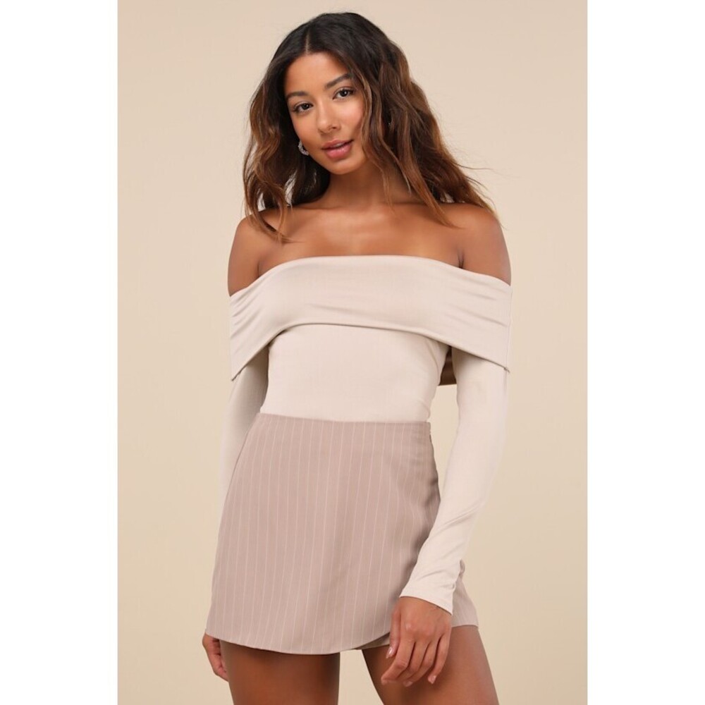 Lulus Classic Composure Taupe Off-the-shoulder Long Sleeve Top - Size S
